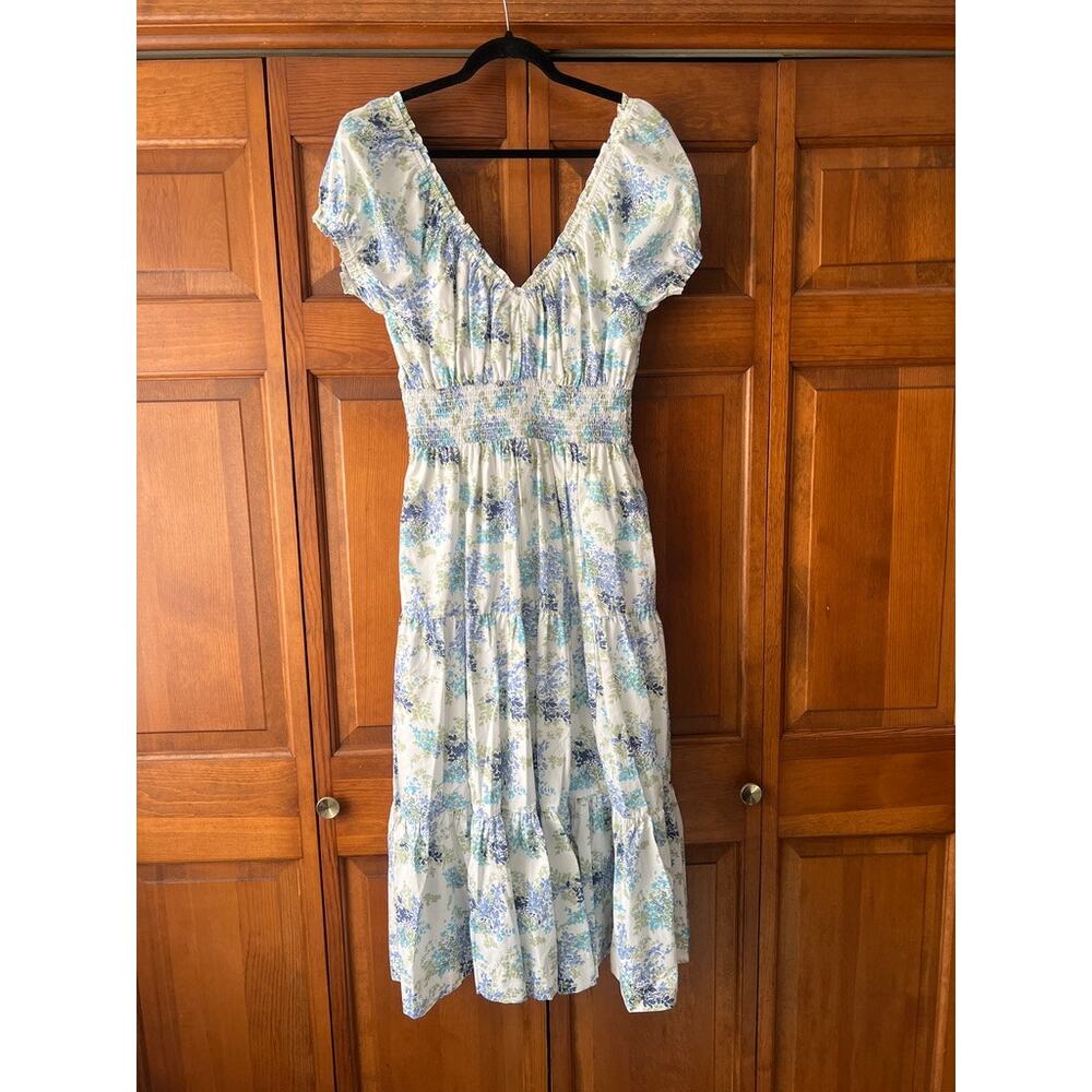 Abercrombie & Fitch Women's Blue Floral Smocked Puff Sleeve Midi Dress Size LT - Picture 10 of 11